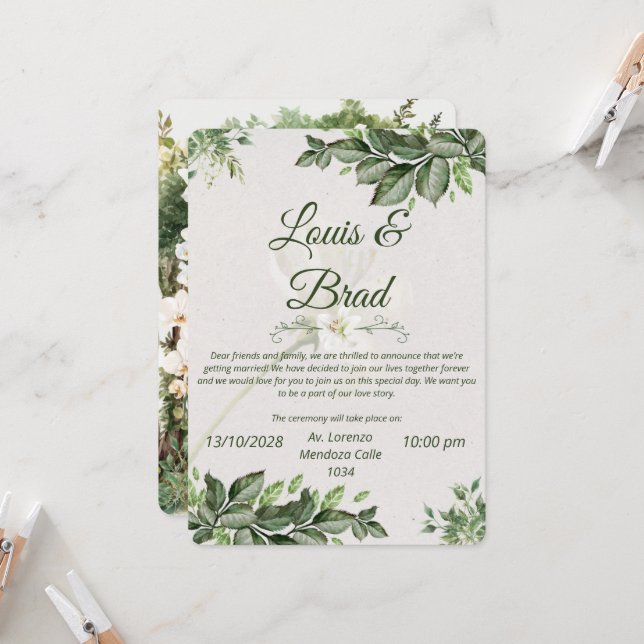 Elegant Green And  Beige Floral Wedding Invitation Inbjudningar (Fram/Back In Situ)