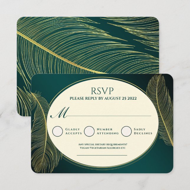 Elegant Green And Gold Feather RSVP Card OSA Kort (Fram/baksida)