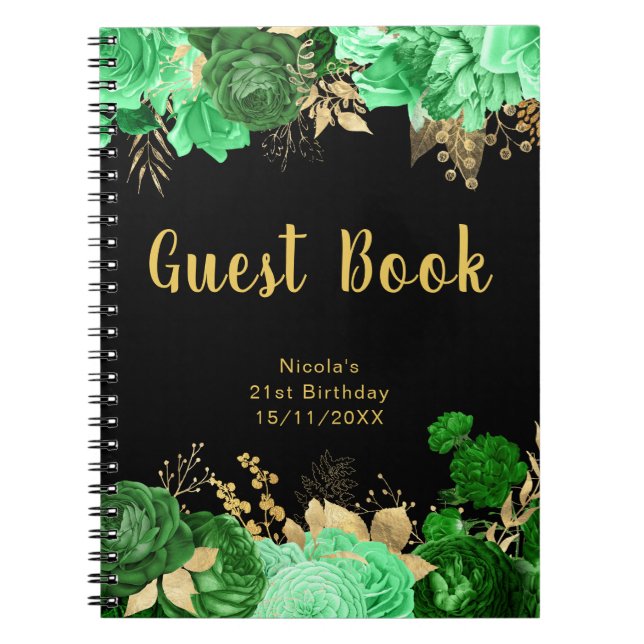 Elegant Green and Gold Flowers Birthday Guest Book Anteckningsbok (Framsidan)