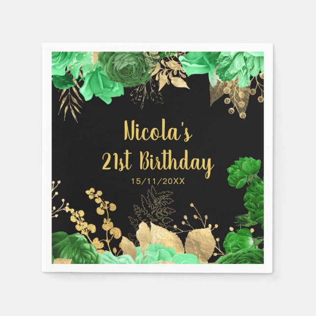 Elegant Green and Gold Flowers Birthday Party Pappersservett (Framsidan)