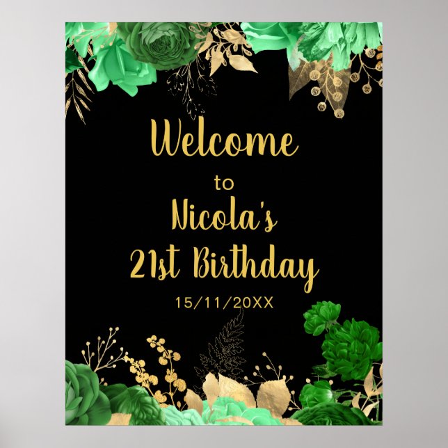 Elegant Green and Gold Flowers Birthday Party Poster (Framsidan)