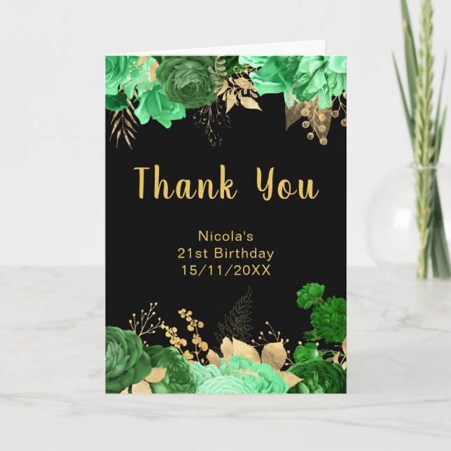 Elegant Green and Gold Flowers Birthday Party Tack Kort (Framsida)