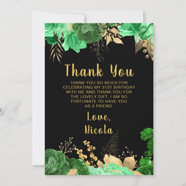 Elegant Green and Gold Flowers Birthday Party Tack Kort (Framsida)