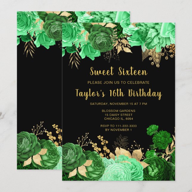 Elegant Green and Gold Flowers Sweet Sixteen Inbjudningar (Fram/baksida)