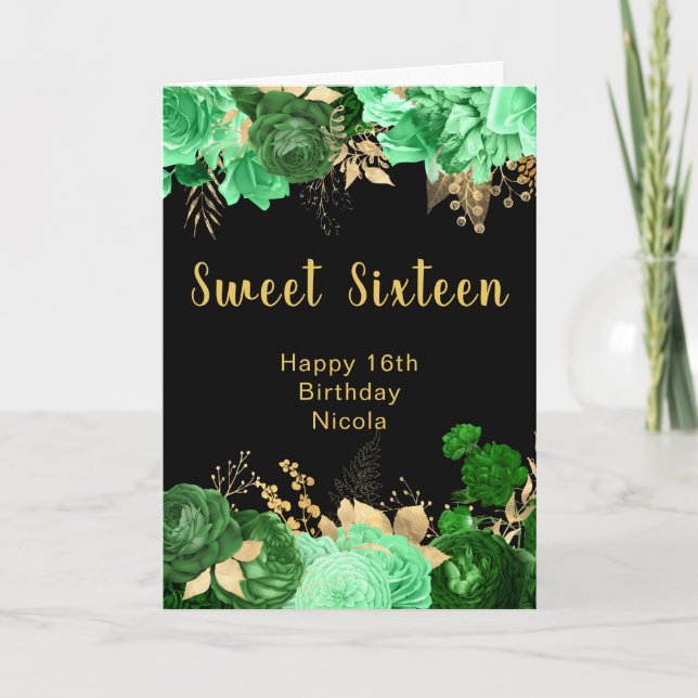 Elegant Green and Gold Flowers Sweet Sixteen Kort (Framsida)
