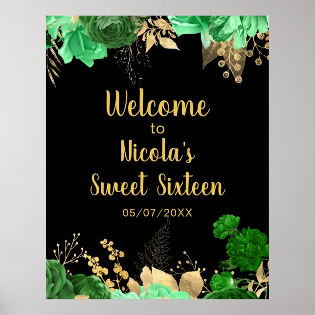 Elegant Green and Gold Flowers Sweet Sixteen Poster (Framsidan)