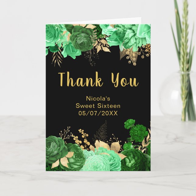 Elegant Green and Gold Flowers Sweet Sixteen Tack Kort (Framsida)
