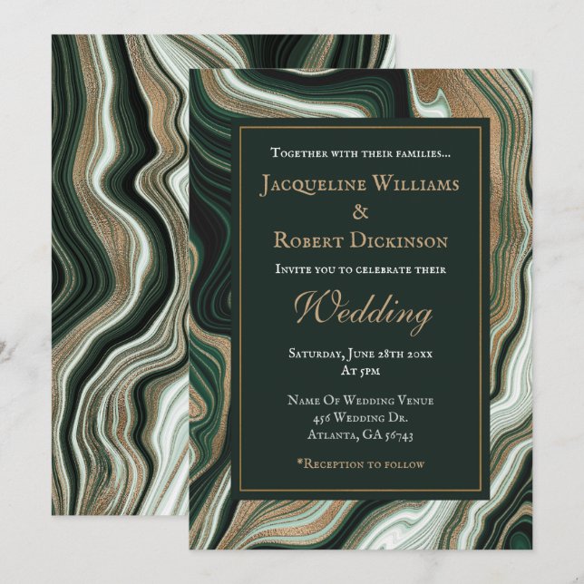 Elegant Green and Gold Marble Wedding Inbjudningar (Fram/baksida)