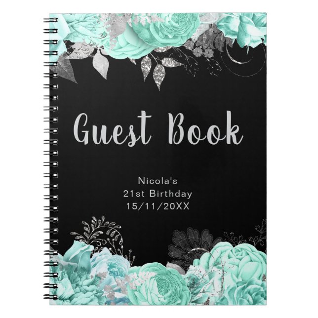 Elegant Green and Silver Flower Guest Book Anteckningsbok (Framsidan)