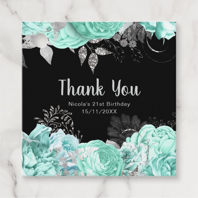 Elegant Green and Silver Flowers Birthday Party Gåvor Etiketter (Framsida)