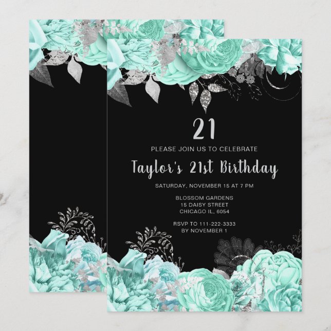 Elegant Green and Silver Flowers Birthday Party Inbjudningar (Fram/baksida)