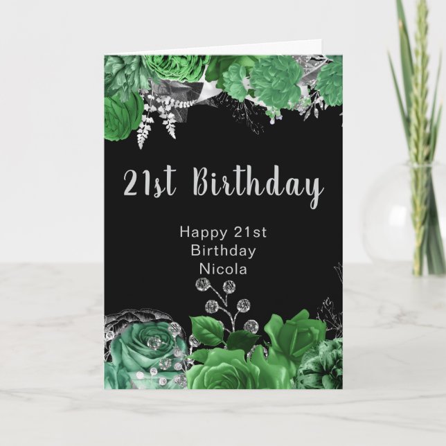 Elegant Green and Silver Flowers Birthday Party  Kort (Framsida)