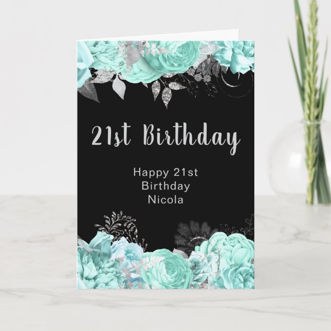 Elegant Green and Silver Flowers Birthday Party Kort (Framsida)