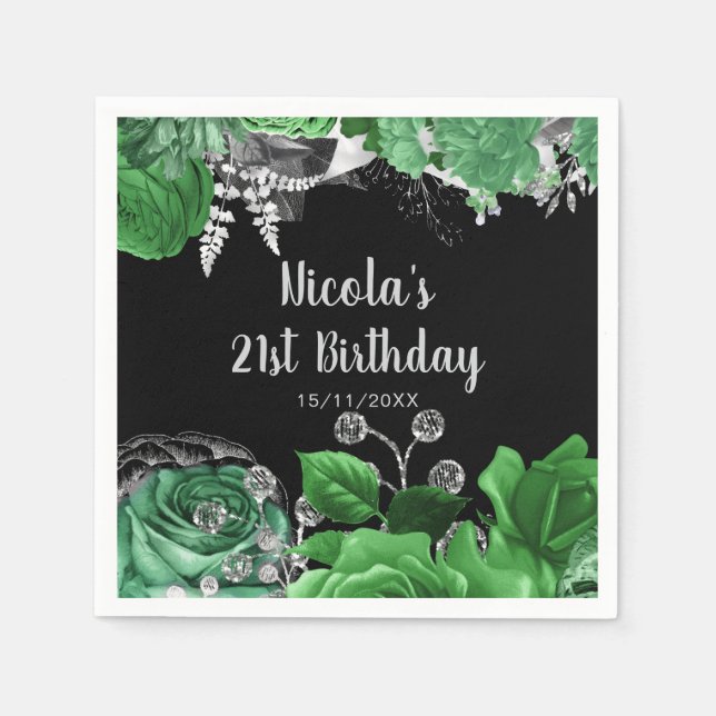 Elegant Green and Silver Flowers Birthday Party  Pappersservett (Framsidan)