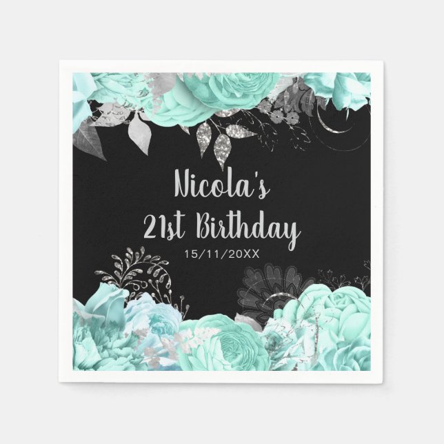 Elegant Green and Silver Flowers Birthday Party Pappersservett (Framsidan)