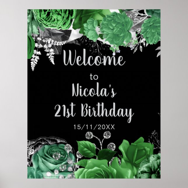 Elegant Green and Silver Flowers Birthday Party  Poster (Framsidan)