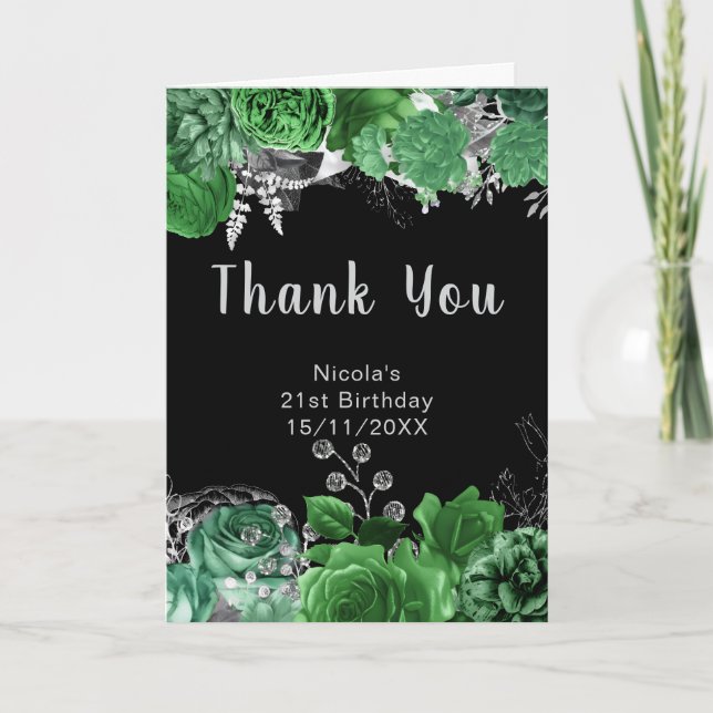 Elegant Green and Silver Flowers Birthday Party  Tack Kort (Framsida)
