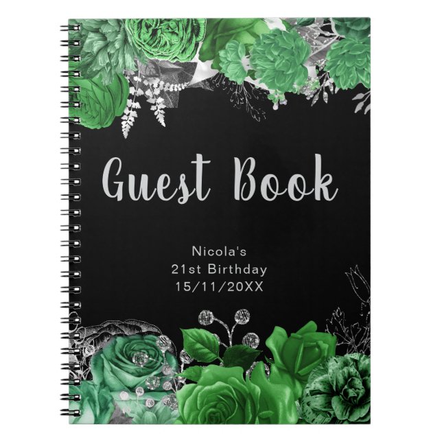 Elegant Green and Silver Flowers Guest Book Anteckningsbok (Framsidan)