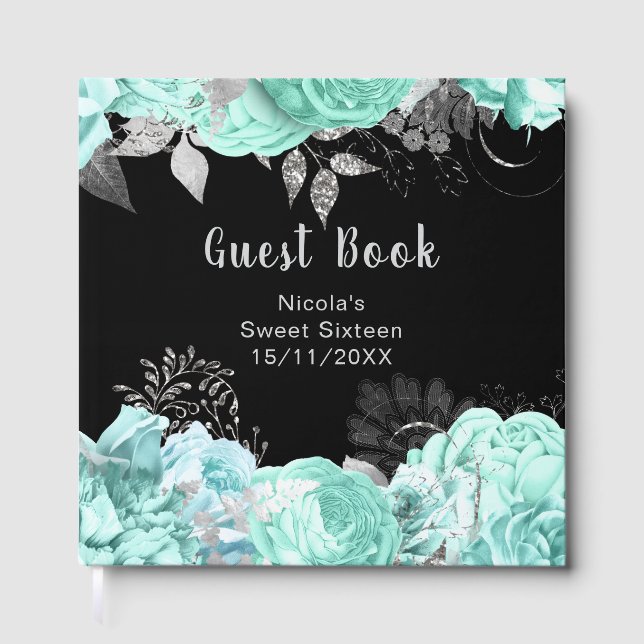 Elegant Green and Silver Flowers Sweet Sixteen Gästböcker (Framsida)