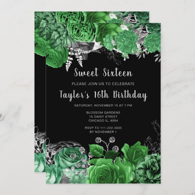 Elegant Green and Silver Flowers Sweet Sixteen Inbjudningar (Fram/baksida)