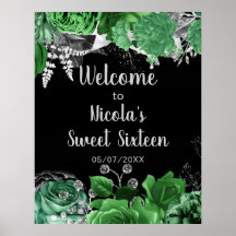 Elegant Green and Silver Flowers Sweet Sixteen