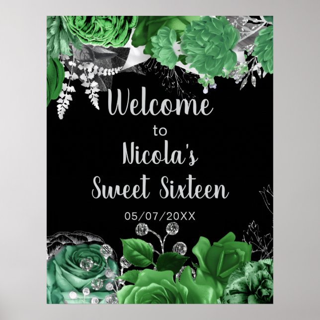 Elegant Green and Silver Flowers Sweet Sixteen  Poster (Framsidan)