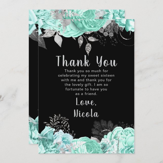 Elegant Green and Silver Flowers Sweet Sixteen Tack Kort (Fram/baksida)