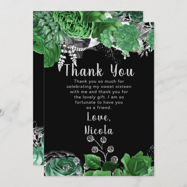 Elegant Green and Silver Flowers Sweet Sixteen  Tack Kort (Fram/baksida)