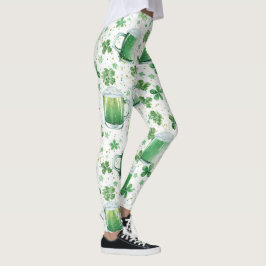 Elegant Green Beer Mugs and Shamrocks White Leggings