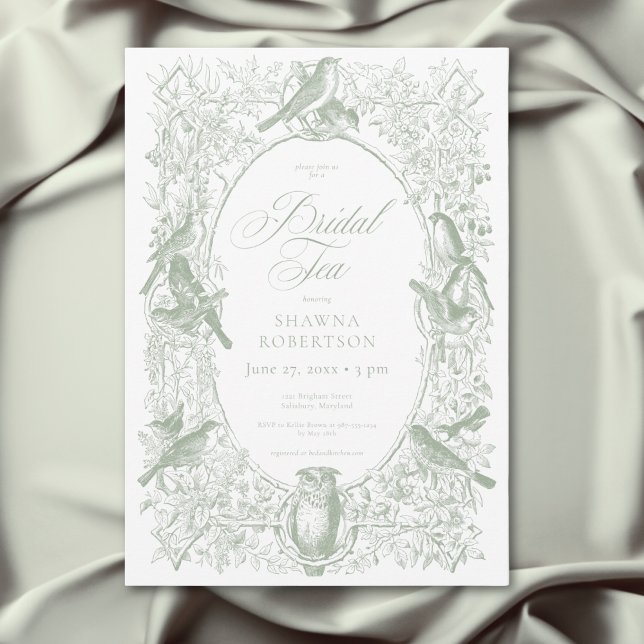 Elegant Green Birds Bridal Shower Inbjudningar (Elegant Green Chinoiserie Nature Birds Bridal Tea Invitation)