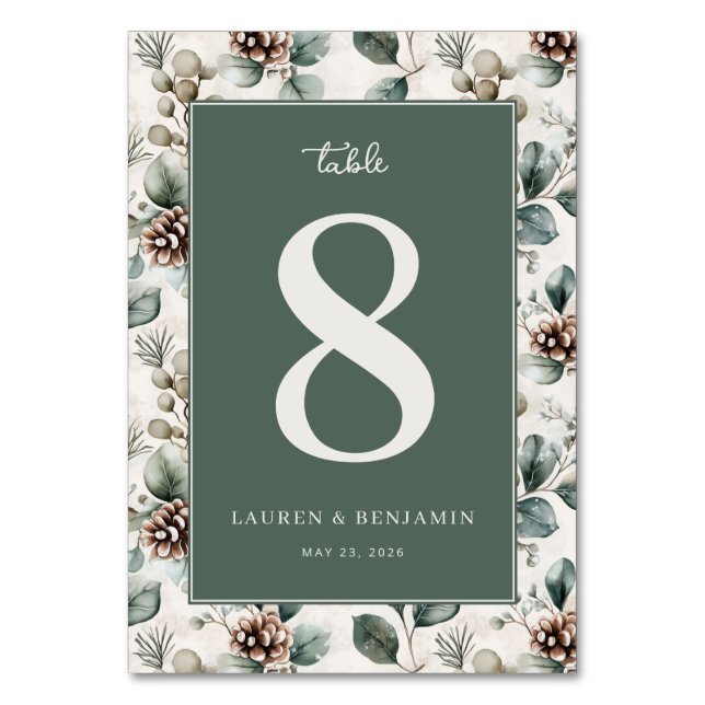 Elegant Green Botanical Table Number Bordsnummer (Framsidan)