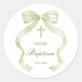Elegant Green Bow Baptism Classic Round Sticker Runt Klistermärke