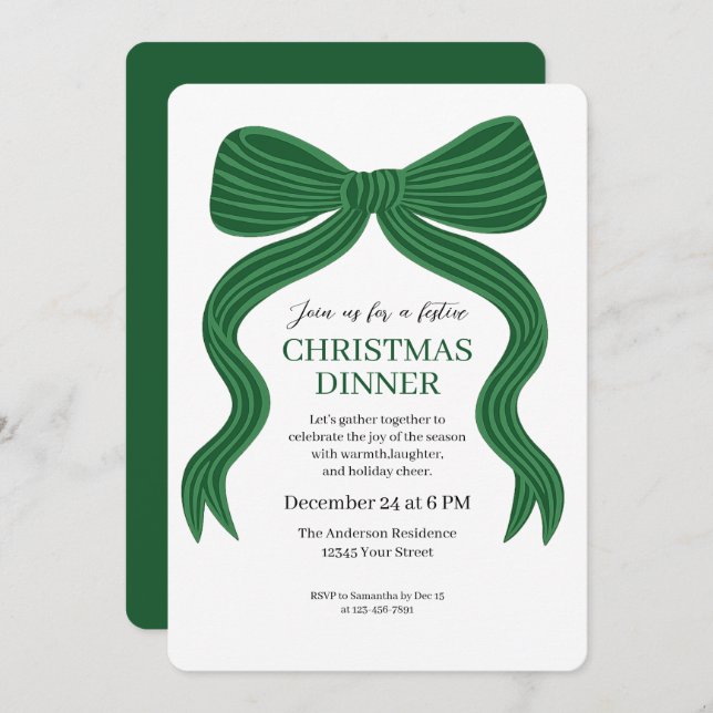 Elegant Green Bow Christmas Dinner Invitation Inbjudningar (Fram/baksida)