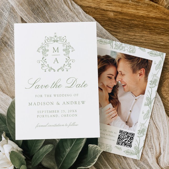 Elegant Green Chinoiserie Floral QR Code Wedding Spara Datumet (Skapare uppladdad)