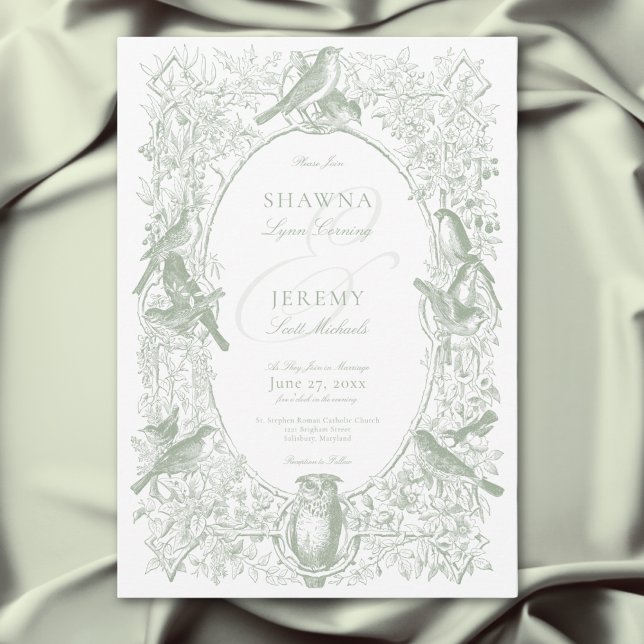 Elegant Green Chinoiserie Nature & Birds Wedding Inbjudningar (Elegant Green Chinoiserie Nature & Birds Wedding Invitation)