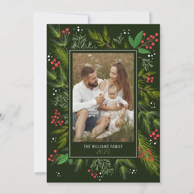 Elegant Green Christmas Greenery Wreath 4 Photo Julkort (Framsida)