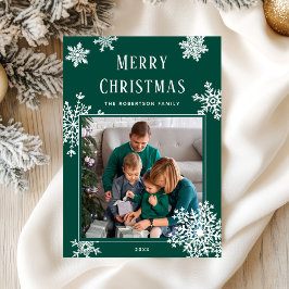 Elegant Green Christmas Snowflakes Photo Julkort