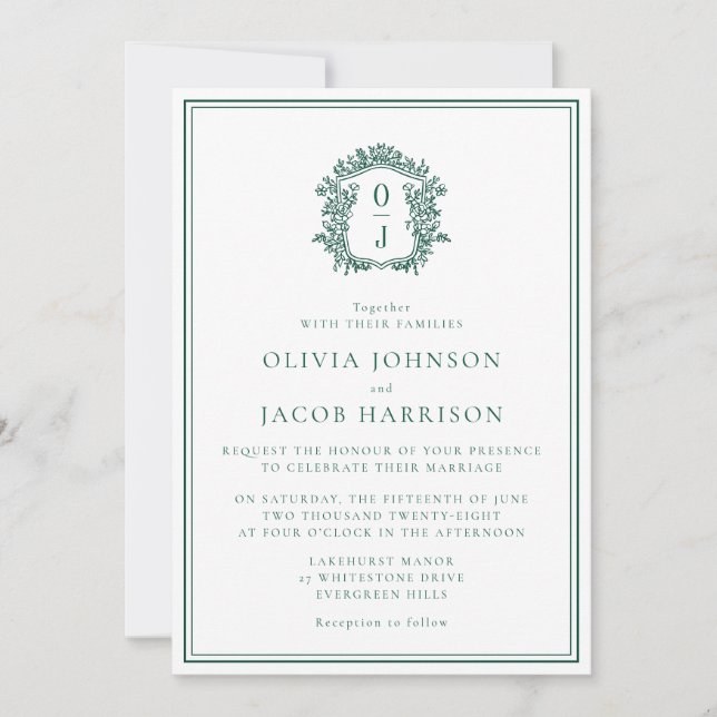 Elegant Green Crest Wedding Invitation Inbjudningar (Framsida)