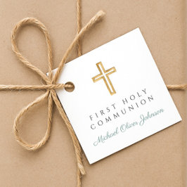 Elegant Green Cross Boy First Communion Gåvor Etiketter