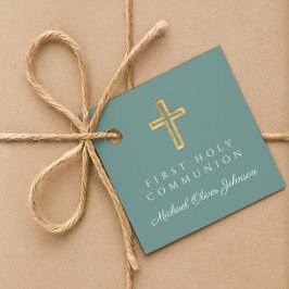 Elegant Green Cross Boy First Communion Gåvor Etiketter