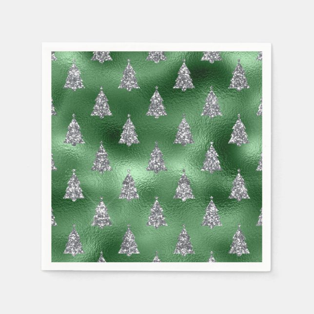 Elegant Green & Faux Silver Trees Christmas  Pappersservett (Framsidan)