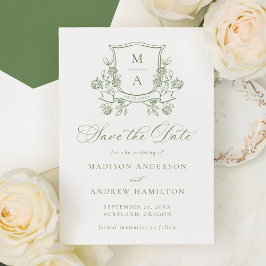 Elegant Green Floral Crest Wedding Spara Datumet