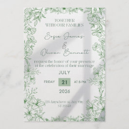 Elegant Green Floral Line Art Wedding Invitation  Inbjudningar