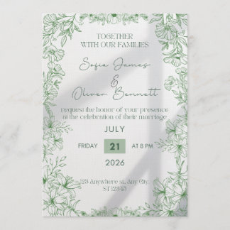 Elegant Green Floral Line Art Wedding Invitation Inbjudningar