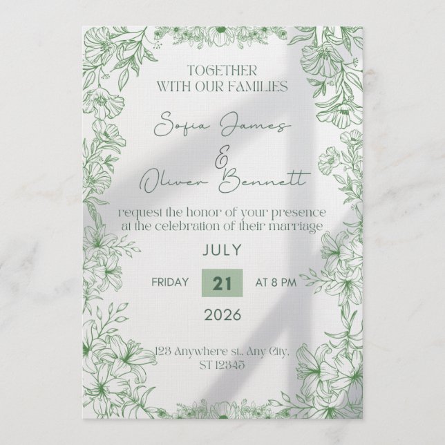 Elegant Green Floral Line Art Wedding Invitation  Inbjudningar (Framsida)