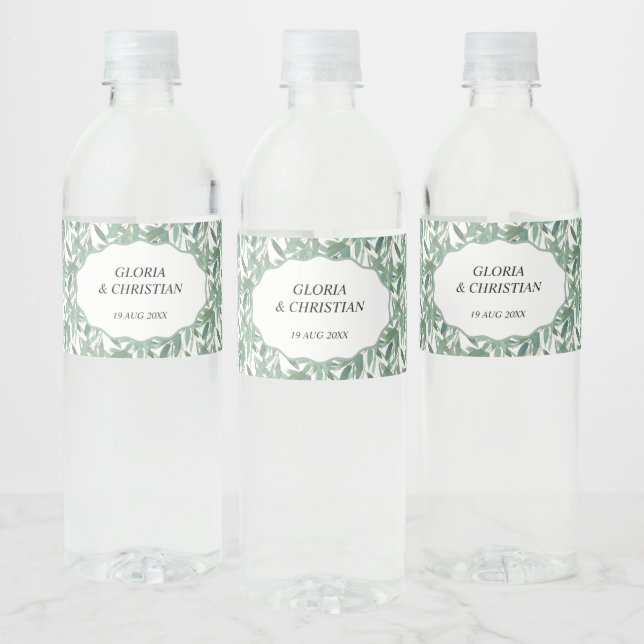 Elegant Green Foliage  Wedding  Water Bottle Label Vattenflaskor Etikett (Flaskor)