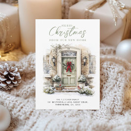 Elegant Green Front Door New Home Christmas Julkort