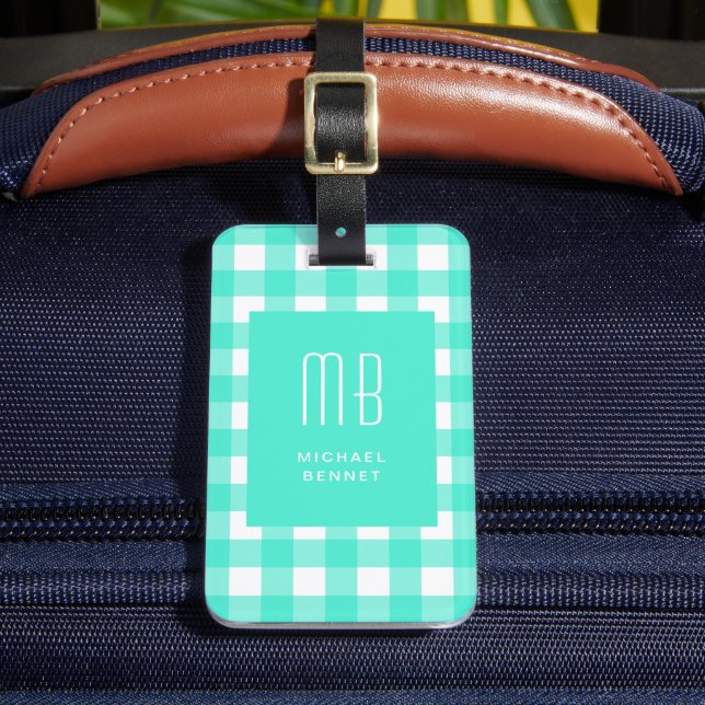Elegant Green Gingham Monogram Bagagebricka (Framsida Insitu 2)