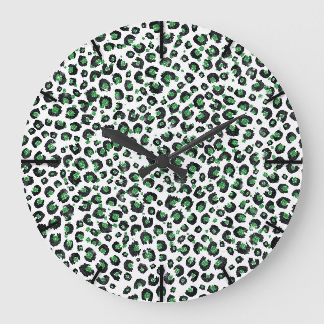 Elegant Green Glitter Black Leopard Animal Print Stor Klocka (Framsida)