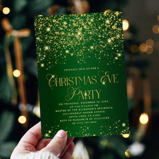 Elegant Green Gold Glitter Christmas Eve Party Inbjudningar